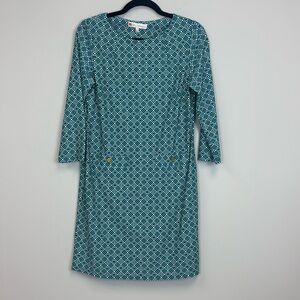 Jude Connally Blue Printed Stretch Sheath Dress Front Pockets 3/4 Sleeve Small
